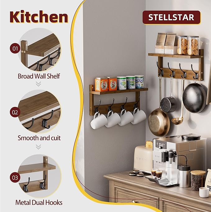 STELLSTAR Coat Rack with Shelf Wall Mount, Entryway Bamboo Hanging Shelf, Set of 2, Wall Hook Rail for Hallway Décor, Storage Clothe, Hat, Robe, Key, Dog Leash (Walnut)