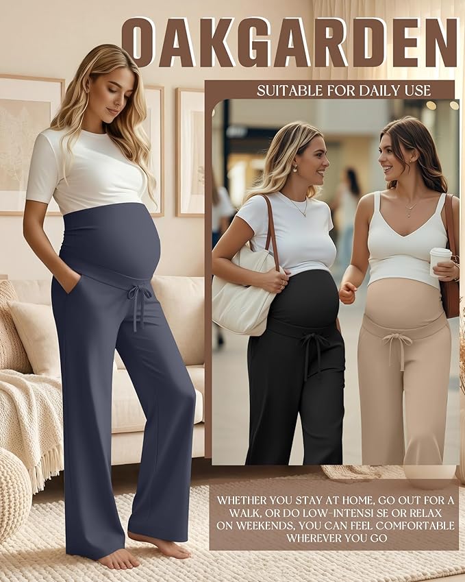 3 Pcs Maternity Sweatpants Over The Belly Pregnancy Straight Wide Leg Elastic Drawstring Pants Joggers with Pockets