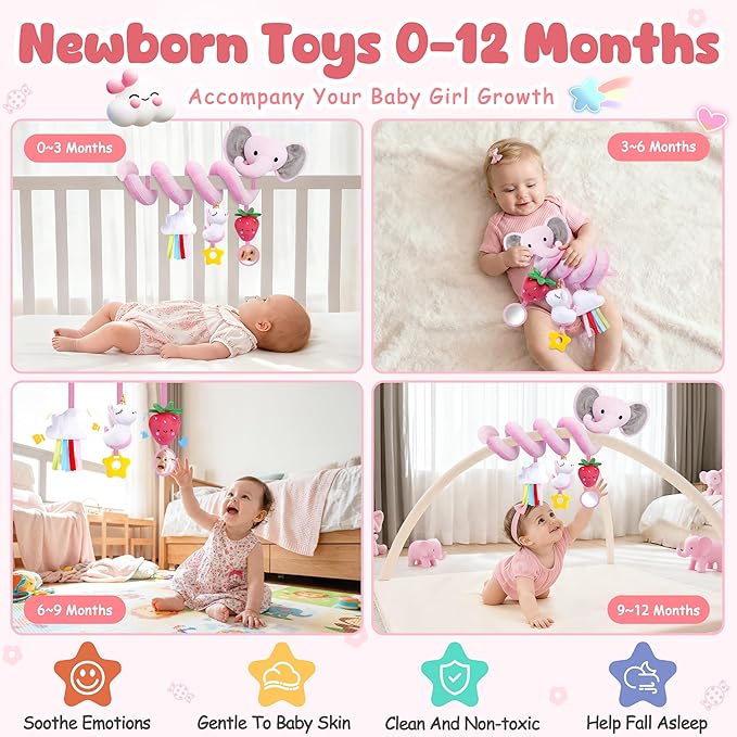Spiral Car Seat Toys for Baby Girls 0-6 Months, Cute Pink Elephant Strawberry Stuff, Perfect Newborn Shower Gifts for Girls Essentials