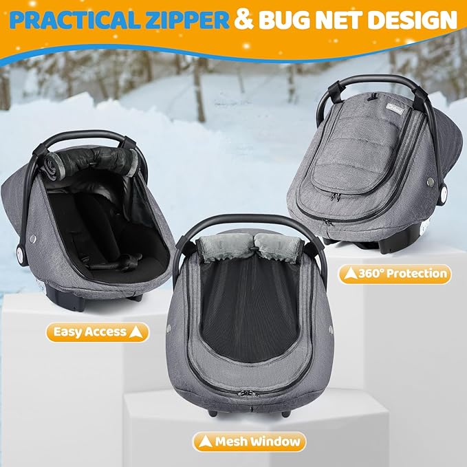 IvyWind Baby Car Seat Cover, Universal Winter Carseat Cover for Babies with Breathable Mesh Window, Cozy and Warm Infant Car Seat Covers for Cold Weather, Kick-Proof Carseat Canopy, Dark Gray