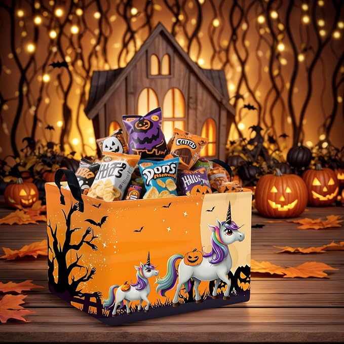 ASKETAM Halloween Basket Gift Cute Pumpkin Ghost Parties Decor Kid Trick or Treat Basket for Boys and Girls Rectangular Storage Bin Box (Unicorn Bat)