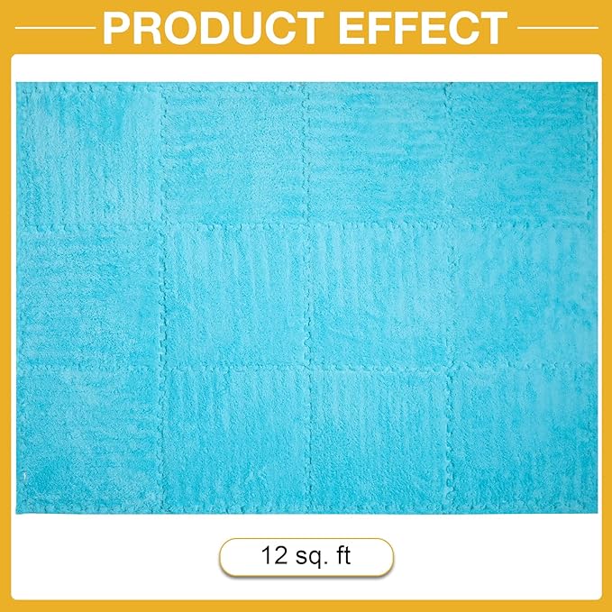 12 Pcs Plush Interlocking Carpet Tiles, Non-Toxic Foam Carpet Tiles for Toddler Baby, Anti-Slip, EVA Foam Interlocking Tiles for Floor, Nursery, Playroom, Blue