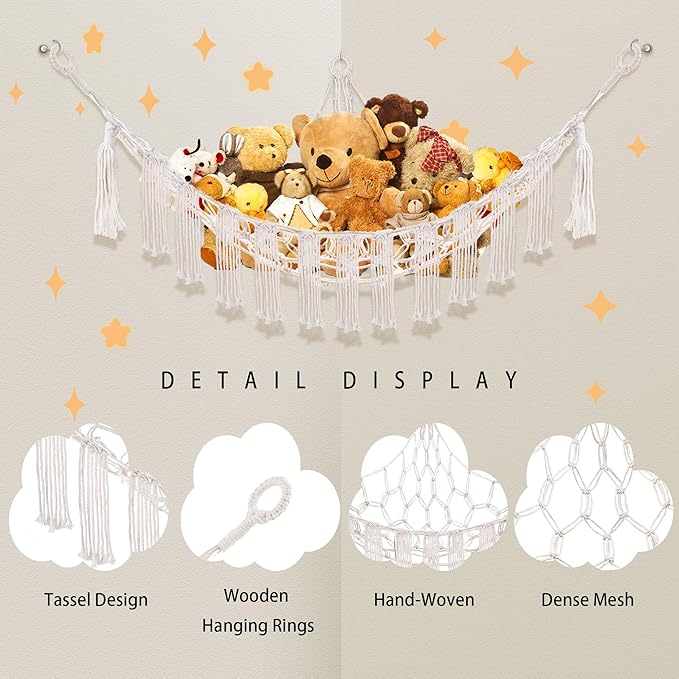 CERETIA Stuffed Animal Hammock with LED Light, Large Stuffed Animals Storage Corner Plushie Net for Kids Room Decor, Jumbo White