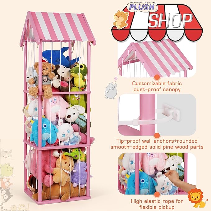 Edudif Stuffed Animal Storage, Space Saving Vertical Stuffed Animal Holder Wood, Easy Assembly Cottage-Style Plush Toys Organizer for Kids Bedroom & Playroom (Pink, Large)
