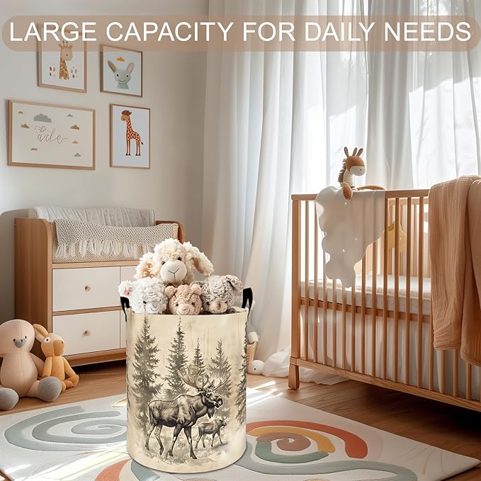 Moose Laundry Basket Hamper 19.7"x15.8", Forest Wildlife Foldable Waterproof Oxford Clothes Storage Bucket for Room Bathroom Bedroom Nursery Decor, Toy Organizer Bins Gifts for Kids Boys Girls