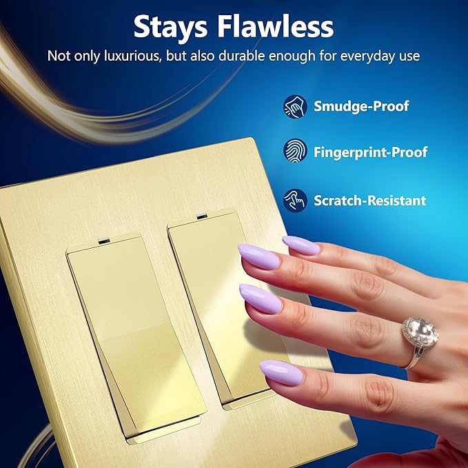 LIDER Matte Finish Decorator Switch Cover, Screwless Wall Plate, Mid-Size 2-Gang 4.88" x 4.92", Unbreakable Polycarbonate Thermoplastic, UL Listed, LSWP-32M-GD, Gold