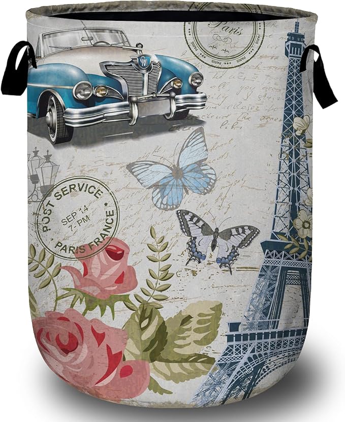 Vintage Paris Eiffel Tower Laundry Basket, Laundry Hamper Collapsible Oxford Cloth with Handle Clothes Toy Storage Bin for Bathroom Laundry Room Bedroom 15.7 X 20 Inch
