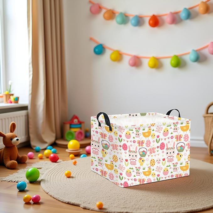 TIBAOLOVER Rectangular Easter Basket Easter Basket for Kids Baby Storage Basket Cute Toy Storage Bin Organizer Shelf Book Basket Easter Room Decor(Pink Easter Egg)
