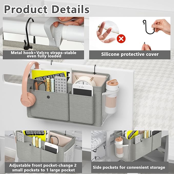 Edudif Bedside Caddy Bedside Organizer with Fixed Straps & Water Bottle Holder, Bunk Bed Caddy ideal for Home, Dorm, Hospital, Crib, Versatile Bedside Storage Solution (Grey)