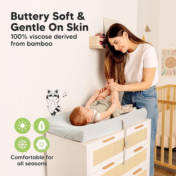 2-Pack Baby Changing Pad Cover for Girl, Boy - 34x18 Soft Viscose Derived from Bamboo Baby Diaper Changing Table Pad Cover Sheets, Neutral, Snug Fit Nursery Diaper Change Sheets (Sage)