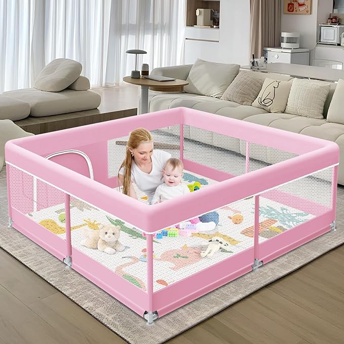 XVISHX Baby Playpen with Mat, 50 x 50 Inch Playpen for Babies and Toddlers, Baby Playard for Indoor & Outdoor Active Center Game Fence, with Skin-Friendly Fabric and Soft Breathable Mesh, Pink