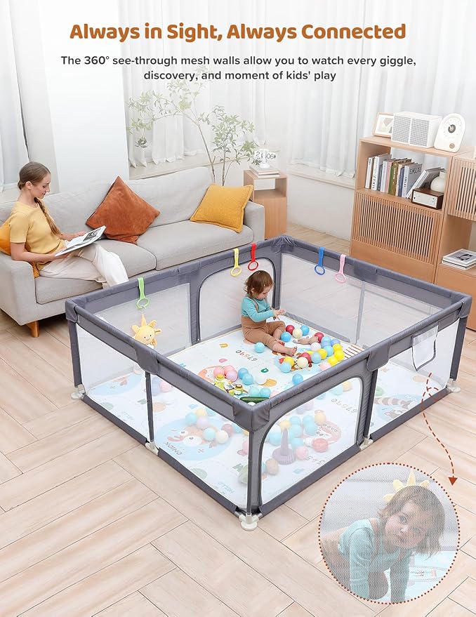 Dripex Baby Playpen with Mat, 71"x59" Play Pen for Toddlers 1-3 Years, Soft Breathable Visible Mesh, Indoor/Outdoor Portable Play Yard with Mat, Safe Baby Fence Play Area, Grey