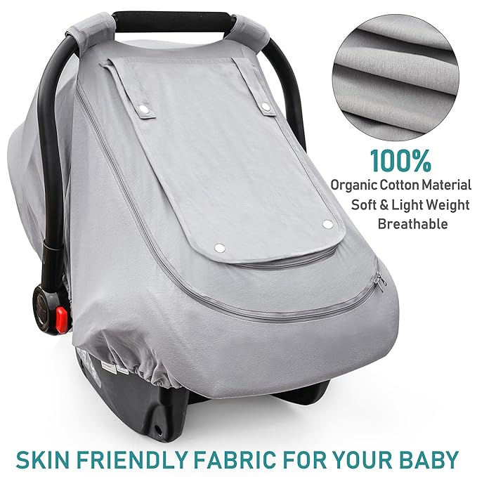 Baby Car Seat Cover for Summer/Spring,100% Organic Cotton Carseat Cover for Babies,Infant Car Seat Cover Canopy for Boys& Girls, Lightweight & Breathable (Gray)