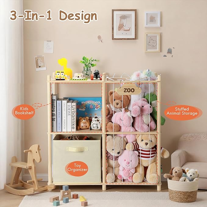 LAMU Stuffed Animal Storage and Kids Bookshelf, Wooden Toy Organizer with Large Toy Box Chest, Kids Bin Shelf Toys Box Bookcase, Stuffed Animal Zoo Holder for Bedroom Playroom Nursery