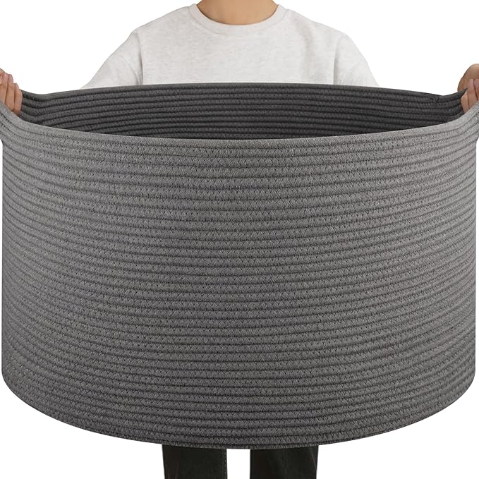 OIAHOMY 90L Blanket Basket for Living Room, Large Basket 23" x 23" x 13" with Handle, Laundry Hamper for Blankets, Pillows, Toy Storage for Kids, Dogs - Grey