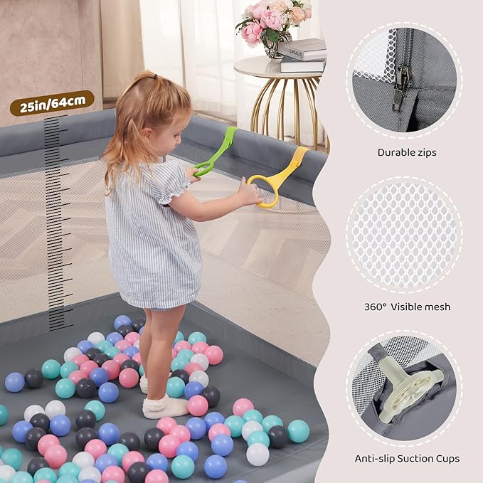 Dripex Large Baby Playpen 71×59 Inch, Large Playpen for Babies and Toddlers- Indoor & Outdoor Kids Safe Play Yard, Soft Breathable Visible Mesh, Anti-Fall & Anti-Slip Design Baby Fence, Light Grey