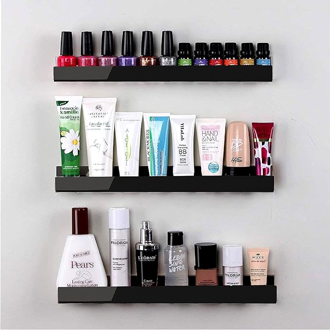 RORKIM 4 Pack 15 Inch Black Acrylic Shelves, Black Kids Floating Bookshelf for Kids Room, Modern Nail Polish Rack Sunglasses Essential Oil Picture Ledge Display Toy Storage Wall Shelf