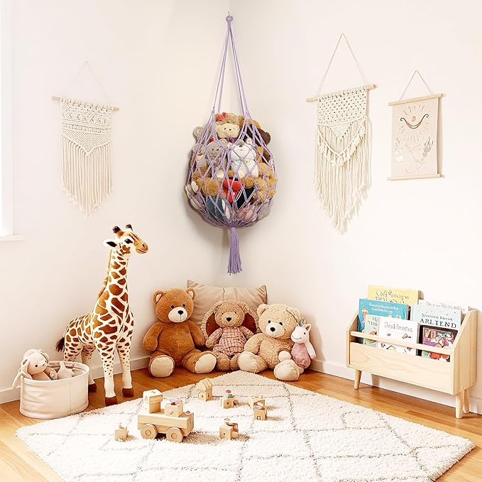 Stuffed Animal Storage Hammock Corner Hanging Net Stuffy Animal Hammock Macrame Toy Display Plush Toy Holder for Kid Bedroom Decor Boho Nursery Playroom Organizer (Purple)