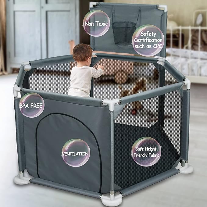 Baby Playpen, 50x50 Inch Playpen for Babies and Toddlers, Small Baby Play Yard, Indoor Outdoor Safety Activity Center Play Pen with Breathable Mesh and Basketball Hoop, Grey