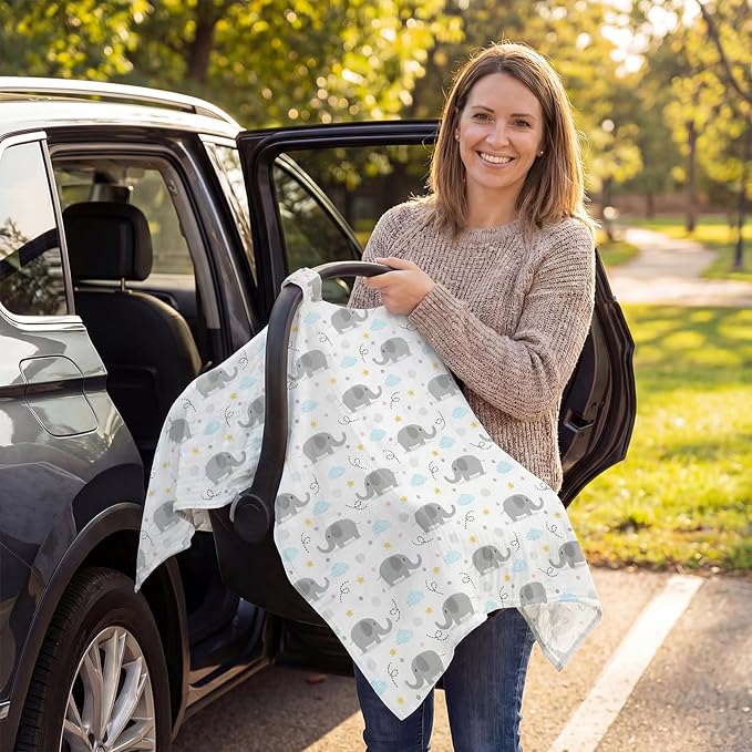 Baby Car Seat Cover - 100% Muslin Cotton Universal Breathable Canopies for Boys and Girls Soft Spring Summer Car Seat Cover Lightweight Infant Car Seat Canopy - Gray Elephants