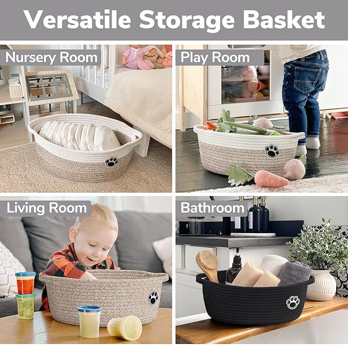 Dog Toy Basket, Black Woven Baskets for Cats Toys Organizer, Baby Gift Basket for Nursery Bedroom, Cute Pet Toy Box with Handles