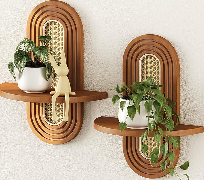 Floating Shelves for Wall, Boho Home Wall Decor,Rattan Plant Shelf Set of 2, Mid Century Small Decorative Shelf, Natural Wood Shelves for Living Room,Bedroom,House,Office (Walnut)