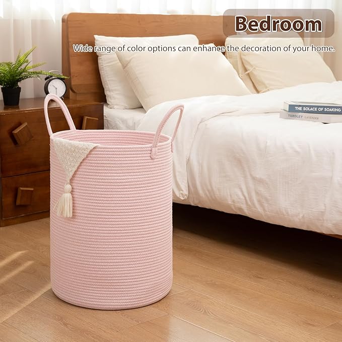 OIAHOMY Large Laundry Basket Hamper - 60L Cotton Rope Woven Basket for Blankets, Toys, Clothes - Tall Decorative Nursery Hamper with Long Handles, Pink