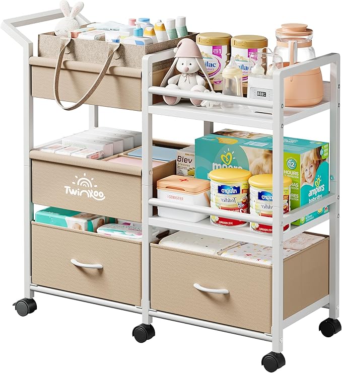 2-in-1 Baby Diaper Caddy Organizer, 3 Tier Rolling Storage Cart with Dividers and Drawers, Baby Essentials for Nursery Storage, Mobile Utility Cart with Wheels Large Capacity Easy to Assemble
