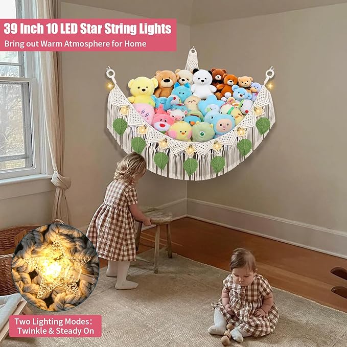 Stuffed Animal Hammock Corner w/LED Star Light, 56'' Jumbo Boho Tassel Leaf Hanging Stuffed Animal Net Holder, Cream Toy Hammock Plushie Net for Kid Girls Boys Gift Nursery Decor