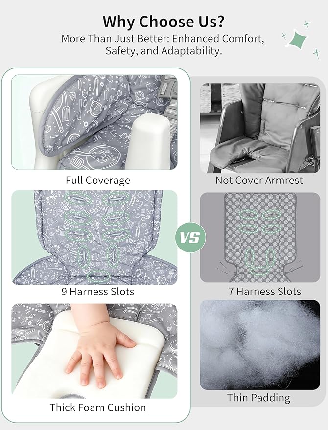 Baby High Chair Cover, Machine Washable High Chair Cushion Pad, Waterproof & Soft, Fits 3-5 Point Harness Chairs, High Chair Replacement Cover for Home & Restaurant Use Grey