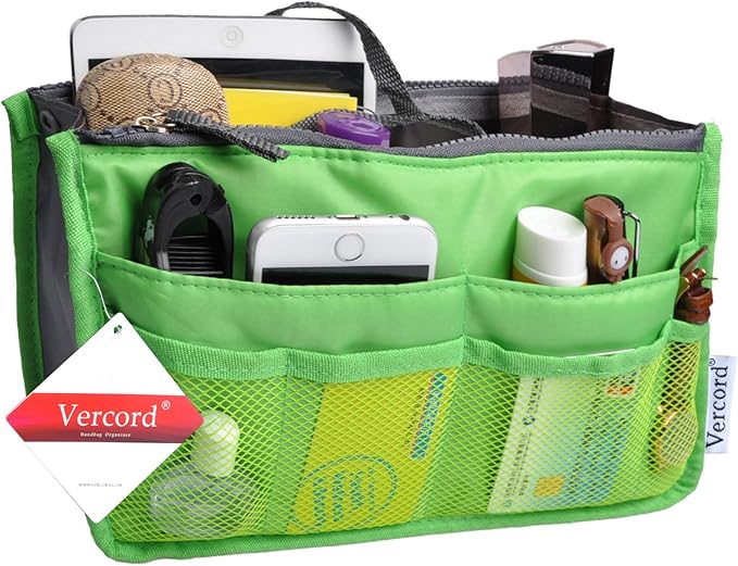 Vercord Purse Organizer Insert for Handbags Bag Organizers Inside Tote Pocketbook Women Nurse Nylon 13 Pockets Green Medium