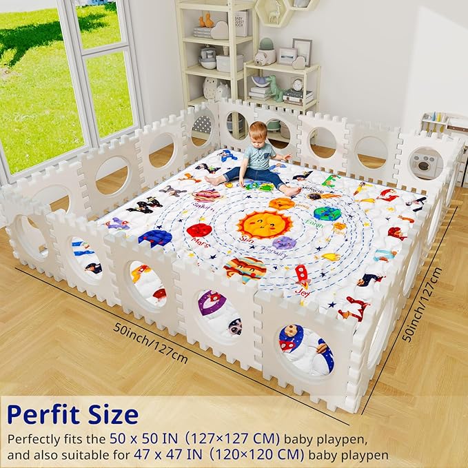Solar System Baby Gyms Playmats for Playpen, 50"×50" Thicken ABC Alphabet Learning Mat Toddlers Padding Crawling Mat