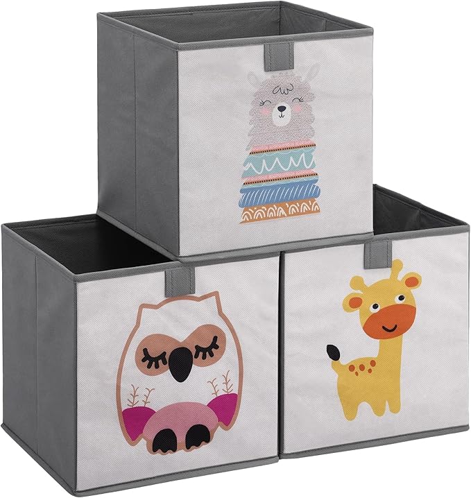 Navaris Kids Storage Cubes Set of 3 - Kids Cube Fabric Organizer Storage Bins - Foldable Cloth Cube for Childrens Bedroom Baby Nursery - Book Toy Bin Cubby Storage - Grey