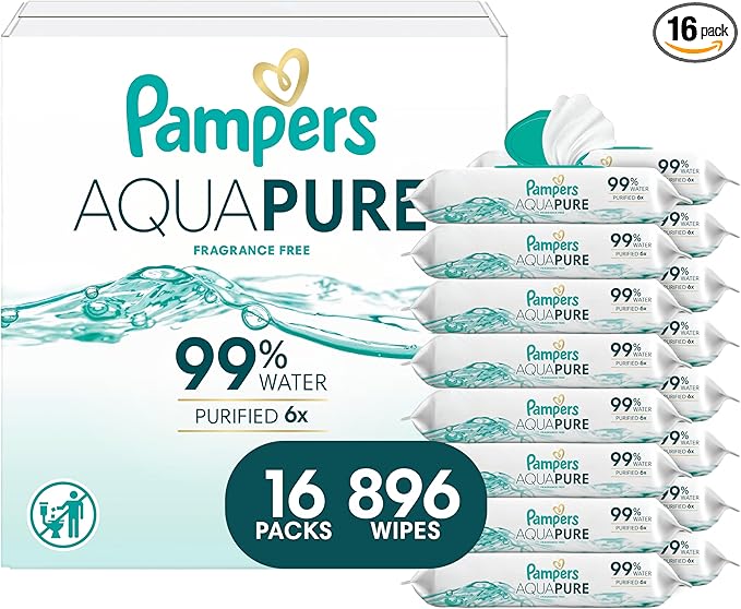 Pampers Aqua Pure Baby Wipes, 99% Water, Fragrance Free, Unscented, Water Based, Multi-Use, 896 Wipes Total (16X Flip-Top Packs) [Packaging May Vary]