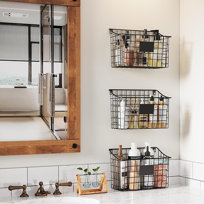 Wall Mounted Bin Basket with 5 Hooks 3 Label Plate Adhesive-3 Pack, Cabinet Hanging Metal Wire Basket,Rustic Farmhouse Decor, Storage Organization Shelf for Pantry Kitchen Bathroom 10.6*7.5*5.1inch