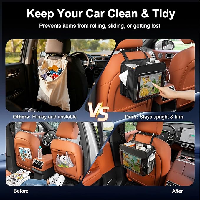 Uplien Car Organizer Bag for Back Seat Front Seat or Between Seats Premium PU Leather Hanging Storage Caddy with Tablet Holder Tissue Box Cup Bottle Holders Mesh Pockets for Kids Adults