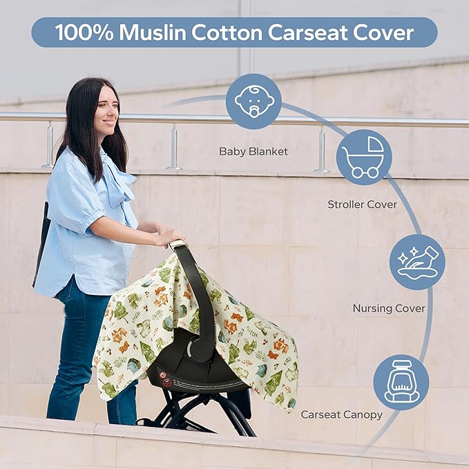 SERAPHY 100% Muslin Cotton Car Seat Cover Baby, 2 Pack Universal Carseat Covers Baby Boy Girl, Breathable Car Seat Canopy, Soft Infant Car Seat Cover for Summer and Winter—2 Pcs Green&Forest