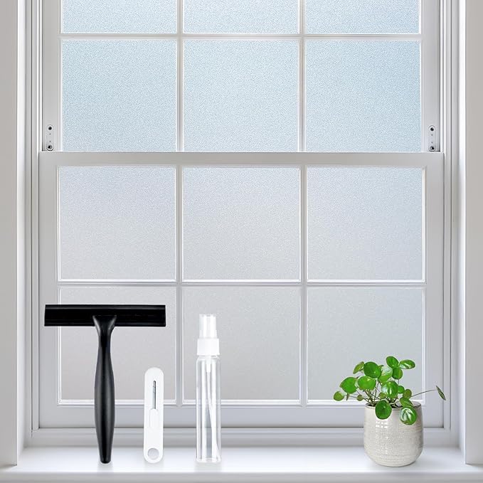 rabbitgoo Frosted Glass Window Privacy Film, No Glue, Anti-Glare Heat Blocking, Easy to Install, Renter Friendly Removable Opaque Bathroom Window Clings for Glass, 17.5 by 118.1 inch