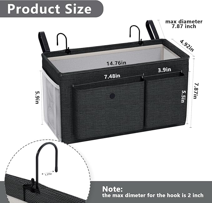 Edudif Bedside Caddy Bedside Organizer with Fixed Straps & Water Bottle Holder, Bunk Bed Caddy ideal for Home, Dorm, Hospital, Crib, Versatile Bedside Storage Solution (Black 2pcs)