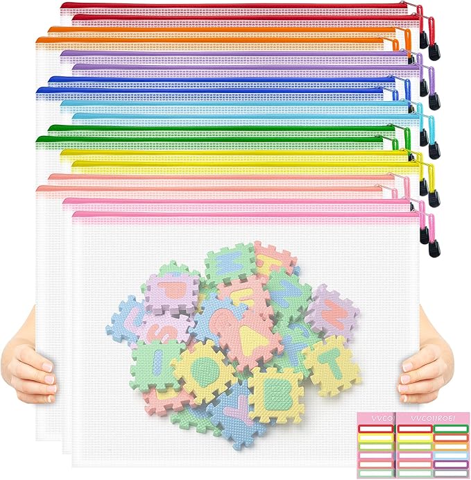 VVCOIIROEI 18pcs Mesh Zipper Pouch Board Games Storage Bags, 9 Colors Puzzle Bags, A3 17x12 Inches Large Reusable Zipper Bags for Organizing, Plastic Mesh Bags, Travel, School Office Organization