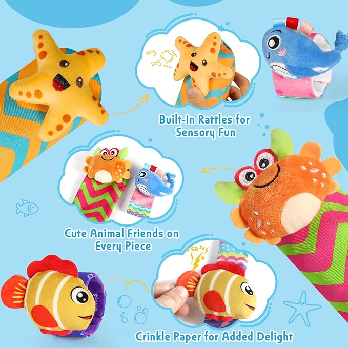 URMYWO Wrist Rattles for Baby - Rattle Socks - Foot Finder Set - Baby Toys for 0-12 Months Infant - Newborn Essentials - Early Learning Sensery Toys for Boys and Girls as Shower Gifts Stocking Stuffer