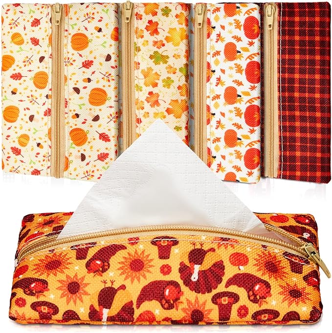 Sherr 5 Pieces Tissues Purse Pocket Tissue Holder Reusable Travel Tissue Pouch Fabric Zipper Enclosed Small Size Leaves Pattern Tissue Holder for Purse Coins for Fall, 5.25 x 3 Inches (Autumn Style)