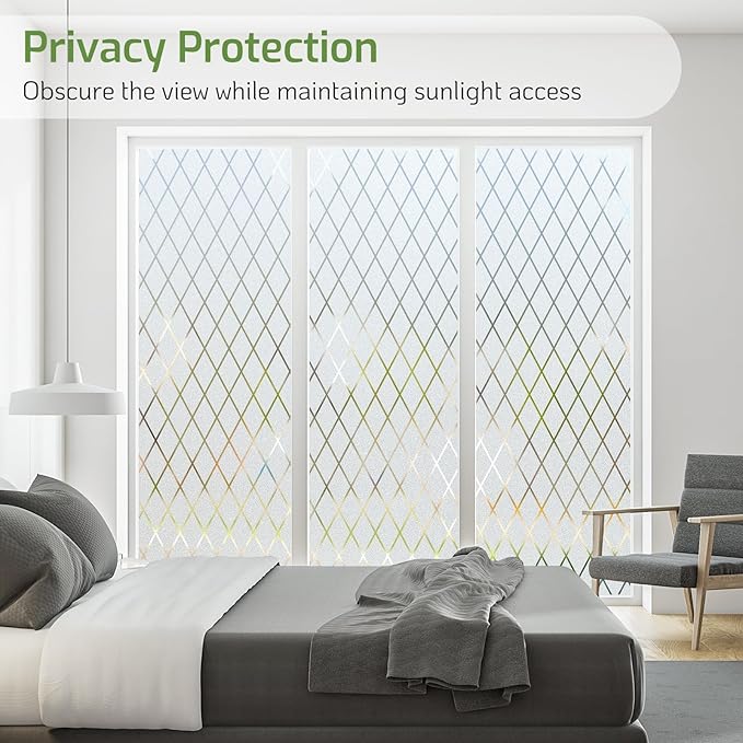LUTE Frosted Glass Window Privacy Film, Static Cling Non-Adhesive Heat Control Window Cover, Removable Decorative Frosting Decals for Home Office, Lattice Pattern, 23.6" x 118.1"