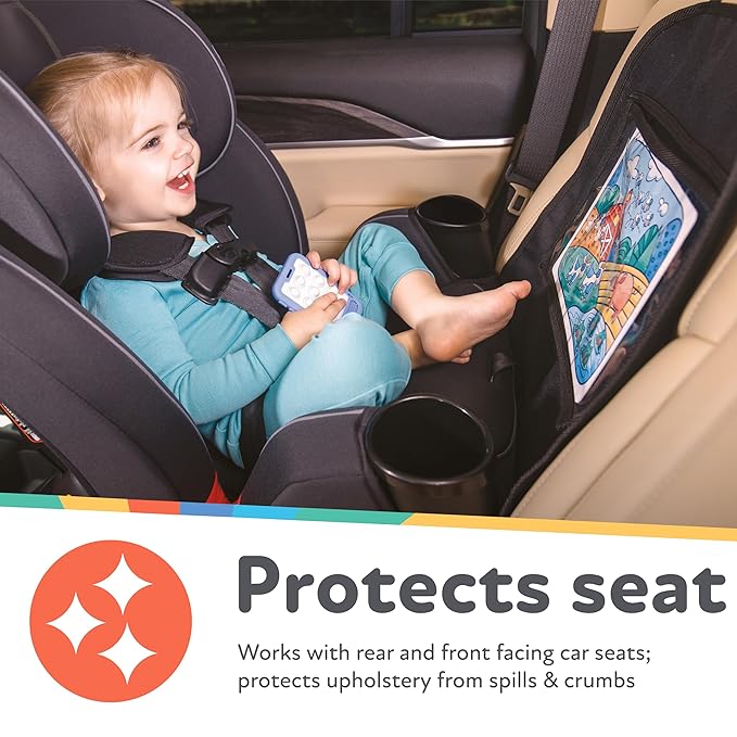 Nuby x Safe In The Seat Car Seat Protector - Compatible with Rear & Forward Facing Car Seats - Visual Learning Pocket, Mesh Storage & Adjustable Strap