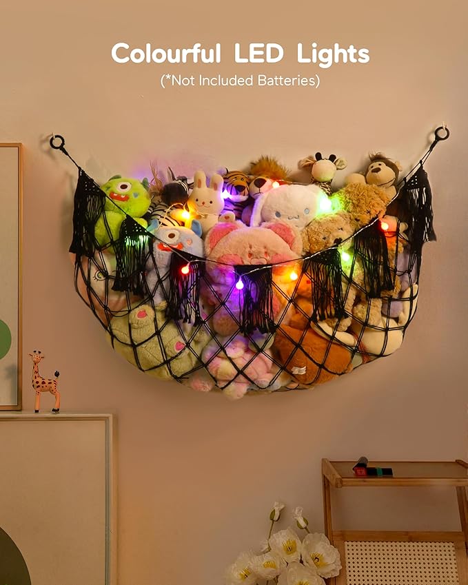 Boho Macrame Stuffed Animal Hammock with LED Lights, Wall Corner Hanging Plushie Net, Large Toy Organizer for Kids Bedroom Nursery Playroom & Dorm (Black XL)