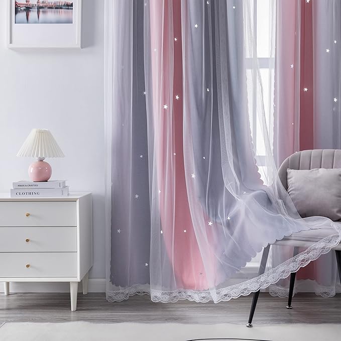 XiDi Curtains for Bedroom Decor, Rainbow Pink-Grey-34-96