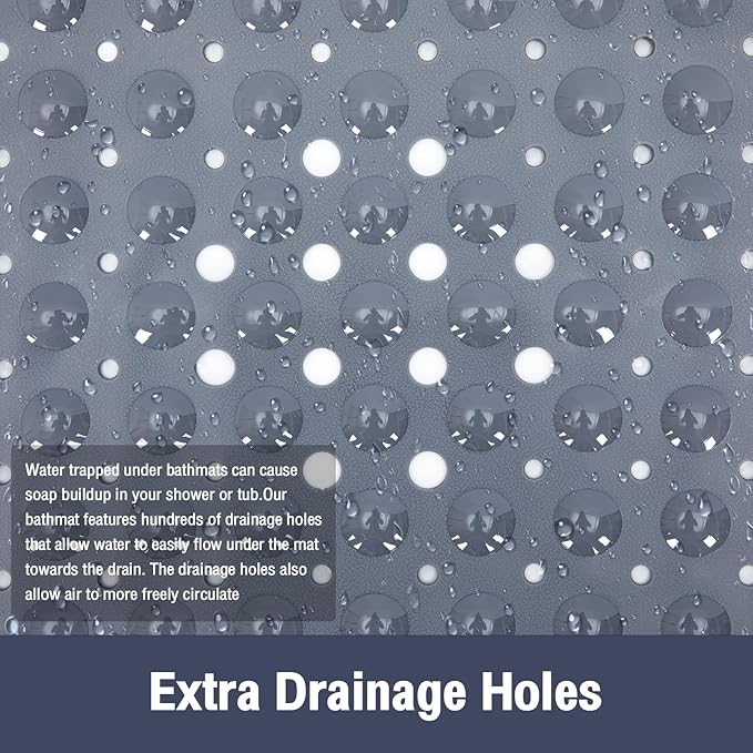 Extra Long Gray Bathtub Mat Non Slip, Soft Bath Mat for Tub 40 x 16 Inch Full Size, Bath Tub Shower Mats for Bathroom Floor with Big Suction Cups and Drain Holes, Easy Washable, BPA Free