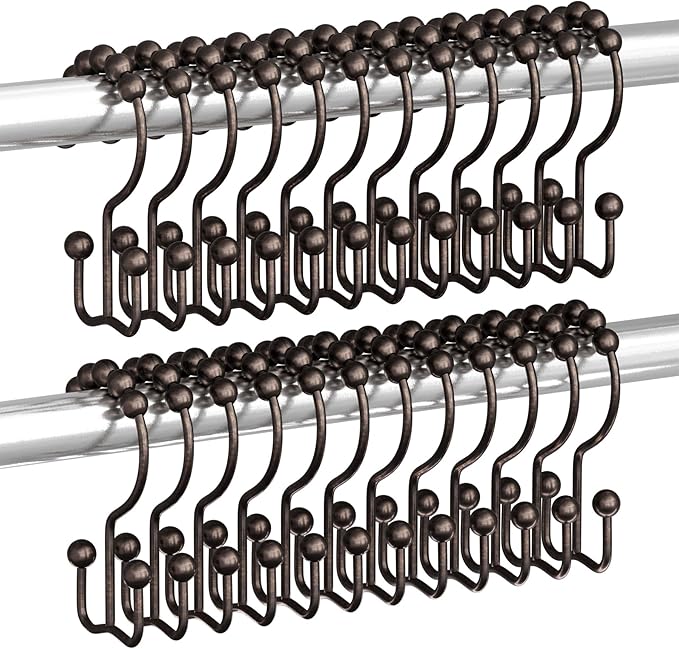Titanker Shower Curtain Hooks Rings, Rust Resistant Metal Double Glide Shower Hooks Rings for Bathroom Shower Rods Curtains, Set of 24 Hooks - Bronze