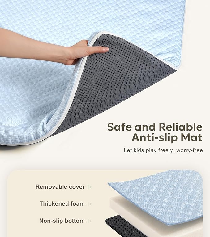 Mallify 1.3" Thick Cooling Baby Play Mat, 50''x50'' Playpen Mat with Surface Removable Cover for Summer, Velvet Playmat for Baby Tummy Time, Crawling Mat for Toddlers, Infants