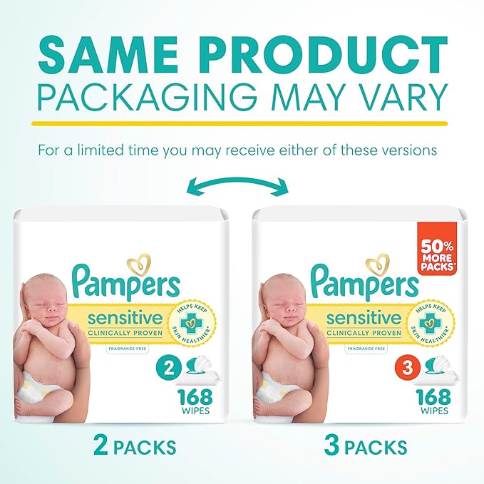 Pampers Sensitive Baby Wipes, Clinically Proven, Fragrance Free, Unscented, Water Based, Hypoallergenic, Multi-Use, Hand Wipes 168 Wipes Total (2X Flip-Top Packs) [Packaging May Vary]